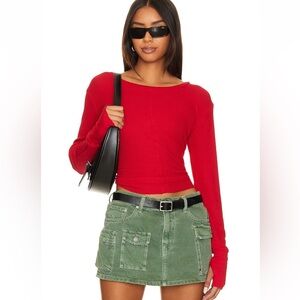 Bobi Revolve Cropped Long Sleeve Top in Pepper Thermal Thumb Holes Red